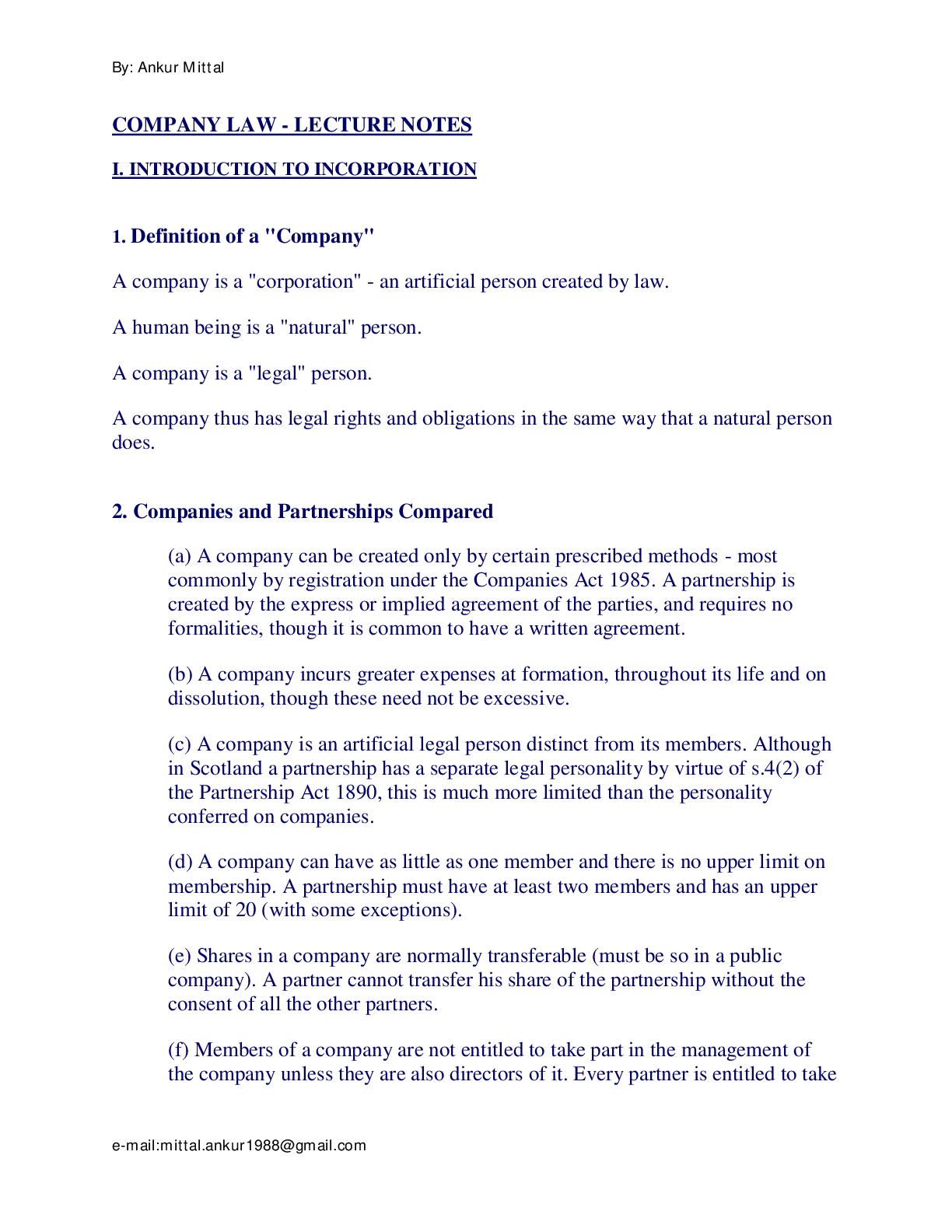 Preview image for Mittal e-mail:mittal.ankur1988@gmail.com COMPANY LAW - LECTURE NOTES  I. INTRODUCTION TO INCORPORATION